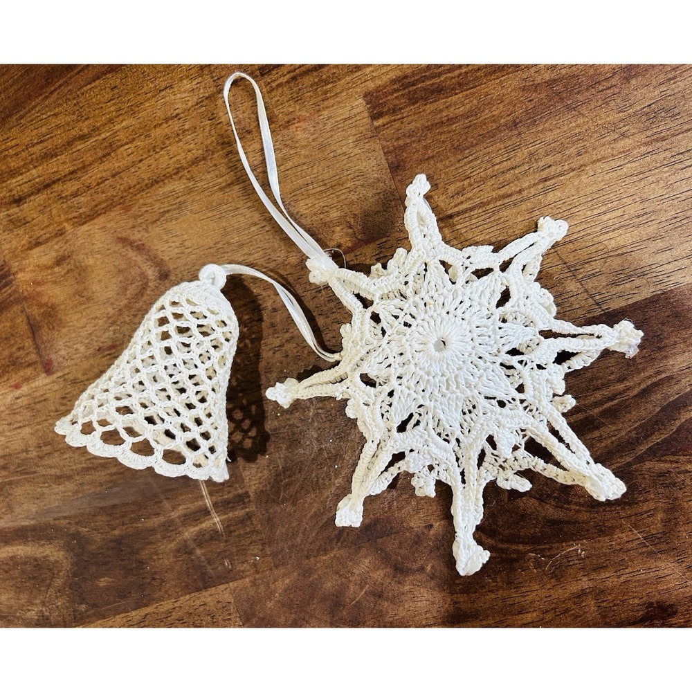 Vintage Estate 3D Crochet Lace Snowflake Bell Christmas Ornaments Ivory Starched
